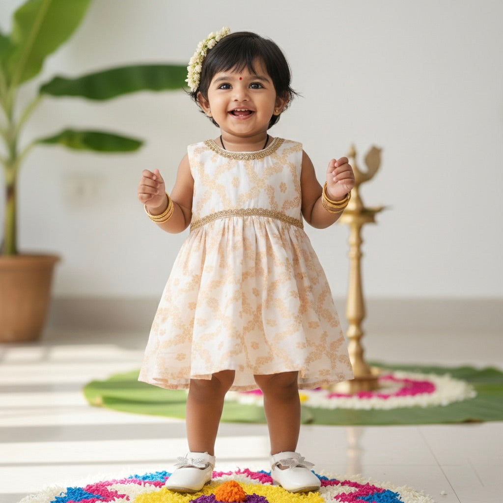 Many frocks golden hibuscus flower weave knee length baby onem dress - Cream
