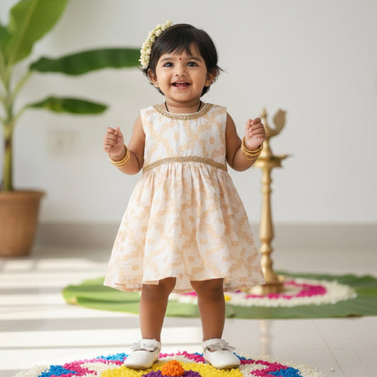 Many frocks golden hibuscus flower weave knee length baby onem dress - Cream