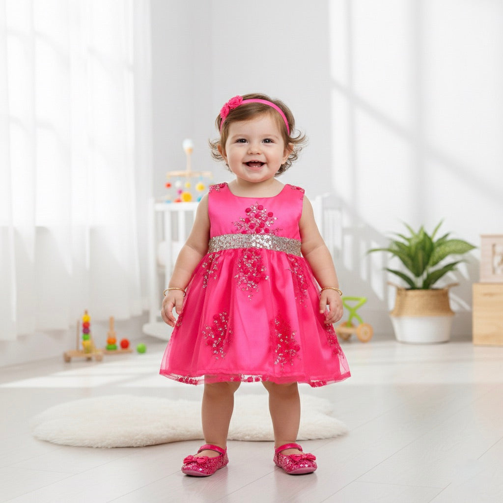Many Frocks & Knee length floral emnbroidered baby ethnic dress - Pink