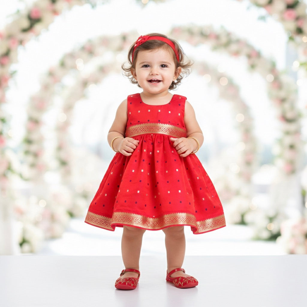 Many Frocks & sleeveless woven boti double lace embellished ethnic dress- pink