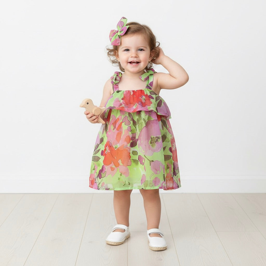 Many Frocks & Gorgette  Sleeveless Tie Up Floral Printed Knee Length Baby Casual Dress-Green