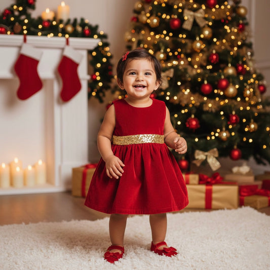 Many Frocks & Velvet Sleevless Lace Embellished Knee Length Flared  Girls Party  Dress -Red