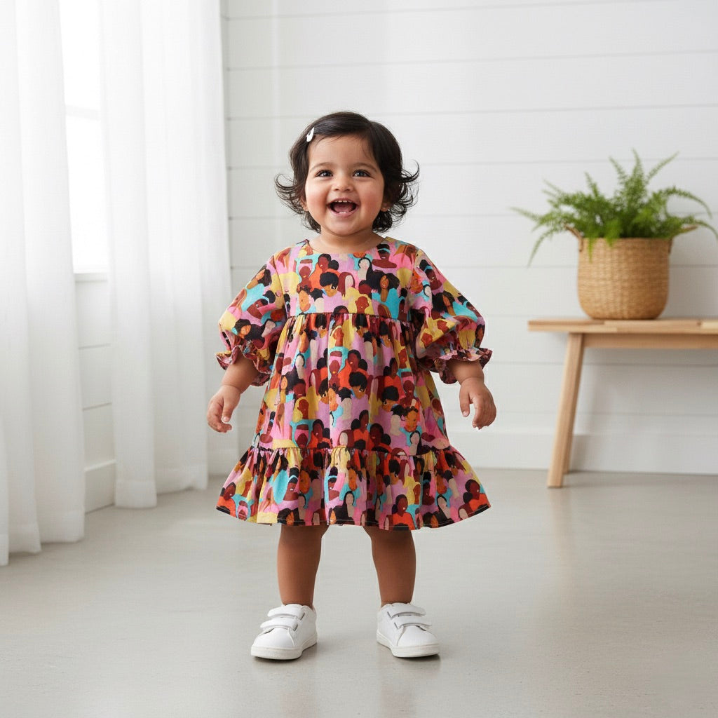 Many Frocks & Crepe Short Sleeves Printed Knee Length Flared A Line  Girls Christmas Casual  Dress -Multi