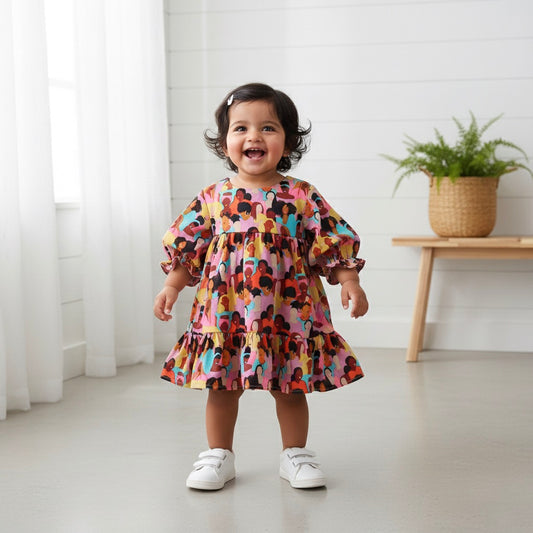 Many Frocks & Crepe Short Sleeves Printed Knee Length Flared A Line  Girls Christmas Casual  Dress -Multi