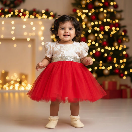 Many Frocks & Net Puff Sleeves Sequin Lace Embellished Knee Length Flared Girls Christmas Party Dress - Red & Cream