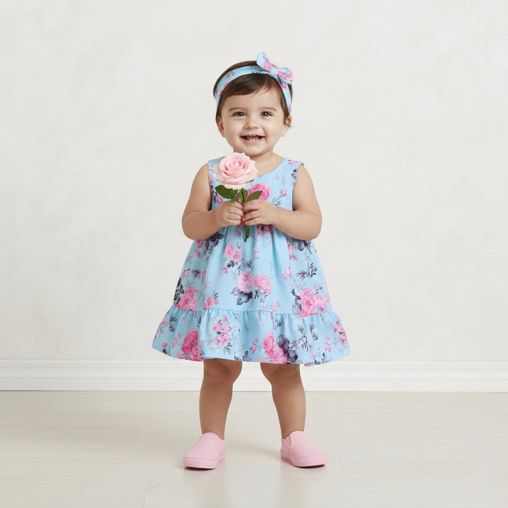 Many Frocks & Sleeveless Tiered Knee Length Floral Baby Casual Dress- Blue