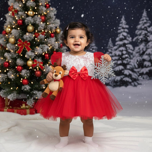 Many Frocks & Net Puff Sleeves Bow Embellished Knee Length Flared Girls Christmas Party Dress - Red & Cream