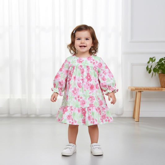 Many Frocks & Short Sleeves Floral Printed Knee Length Flared A Line  Girls Christmas Casual  Dress -Pink