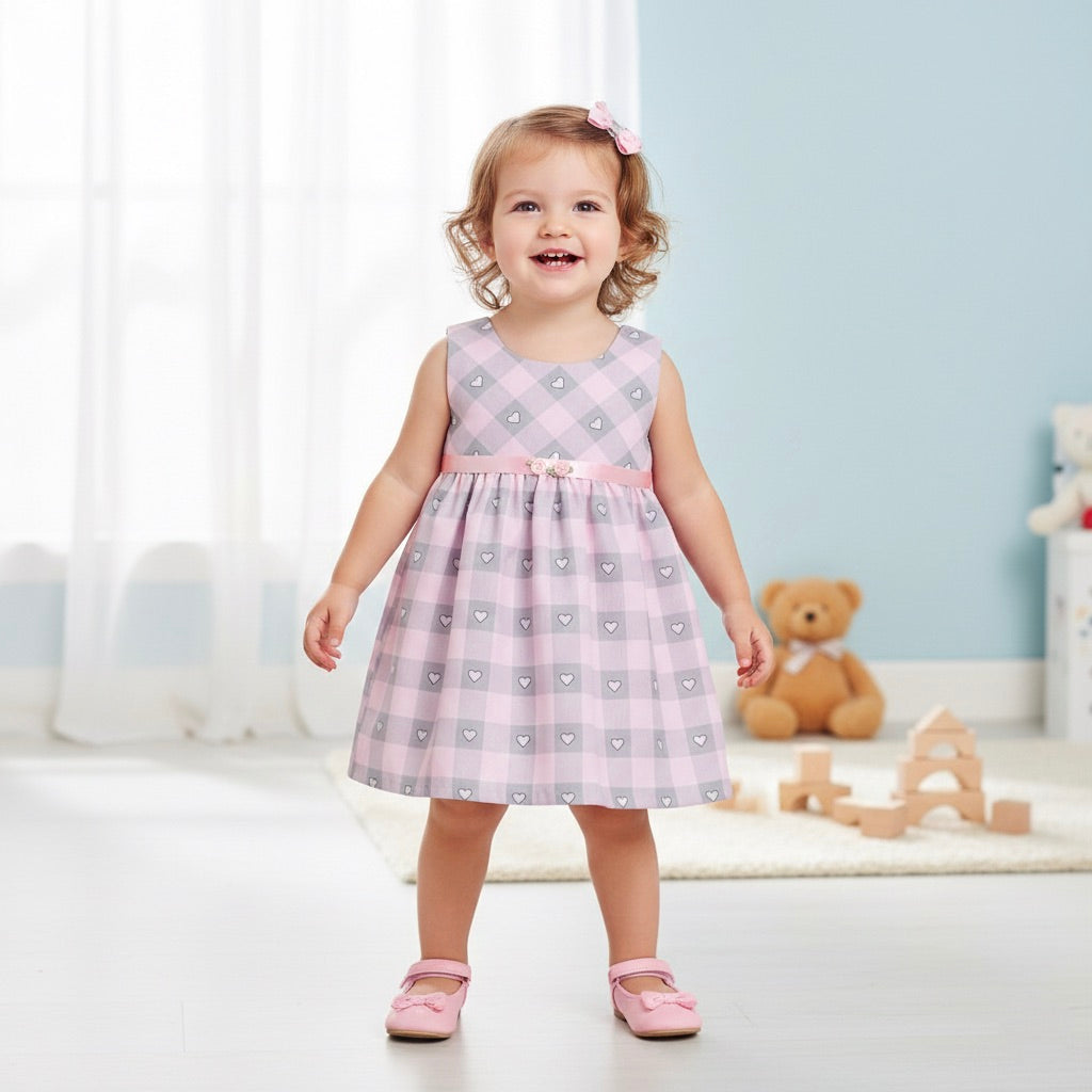 Many Frocks & Sleeveless Heart Printed Knee Length Baby Casual Dress - Pink & Grey