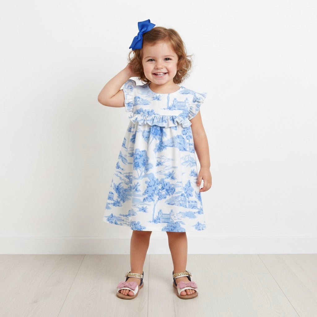 Many Frocks & Cotton Frilly Sleeves Knee Blue Nature Printed Knee Length Girls Causal Dress - Blue & White