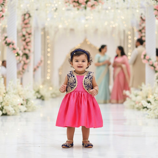 Many Frocks & velvet embroidered koti and lace embellished ethnic frock - Pink & Blue