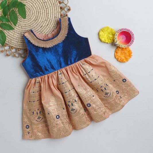 Many Frocks & Sleeveless Knee Length Lace Embellished Printed Ghether Baby Ethnic Frock - Blue & Peach