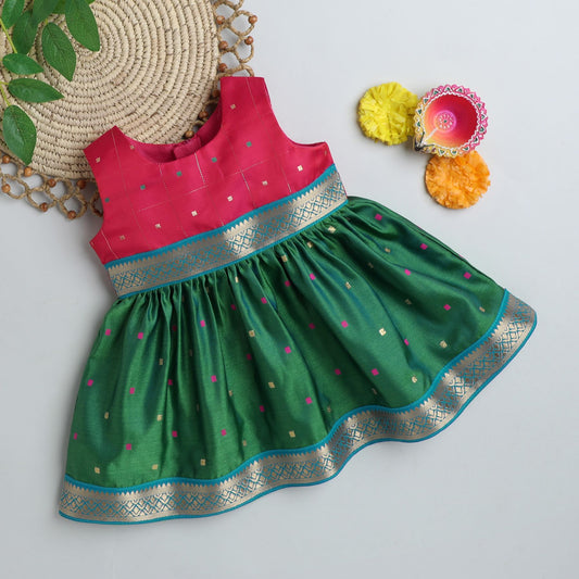 Many Frocks & Poly Silk Sleeveless Knee Length Coloured Boti Lace Embellished Baby Ethnic Frock - Pink & Green