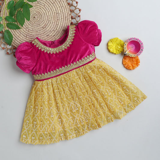 Many Frocks & Velvet & Chanderi Puff Sleeves Knee Length Lace Embellished Ethnic Frock - Pink & Yellow