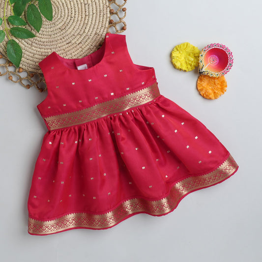 Many Frocks & Poly Silk Sleeveless Knee Length Lace Embellished Boti Print Baby Ethnic Frock - Pink