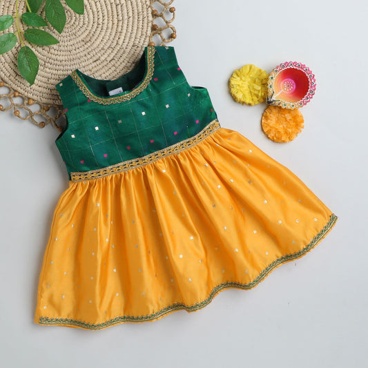 Many Frocks & Poly Silk Sleeveless Knee Length Coloured Boti Lace Embellished Baby Ethnic Frock - Green & Yellow