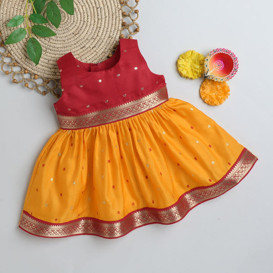 Many Frocks & Poly Silk Sleeveless Knee Length Lace Embellished Boti Print Baby Ethnic Frock - Maroon & Yellow