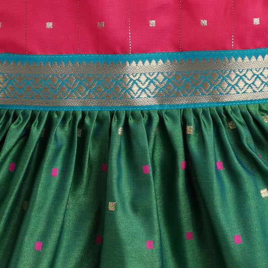 Many Frocks & Poly Silk Sleeveless Knee Length Coloured Woven Boti Lace Embellished Baby Ethnic Frock - Pink & Green