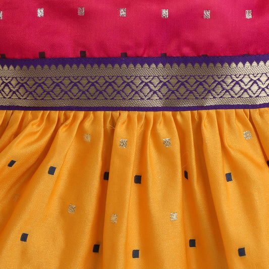 Many Frocks & Poly Silk Sleeveless Knee Length Colour Boti Lace Embellished Baby Ethnic Frock - Pink & Yellow