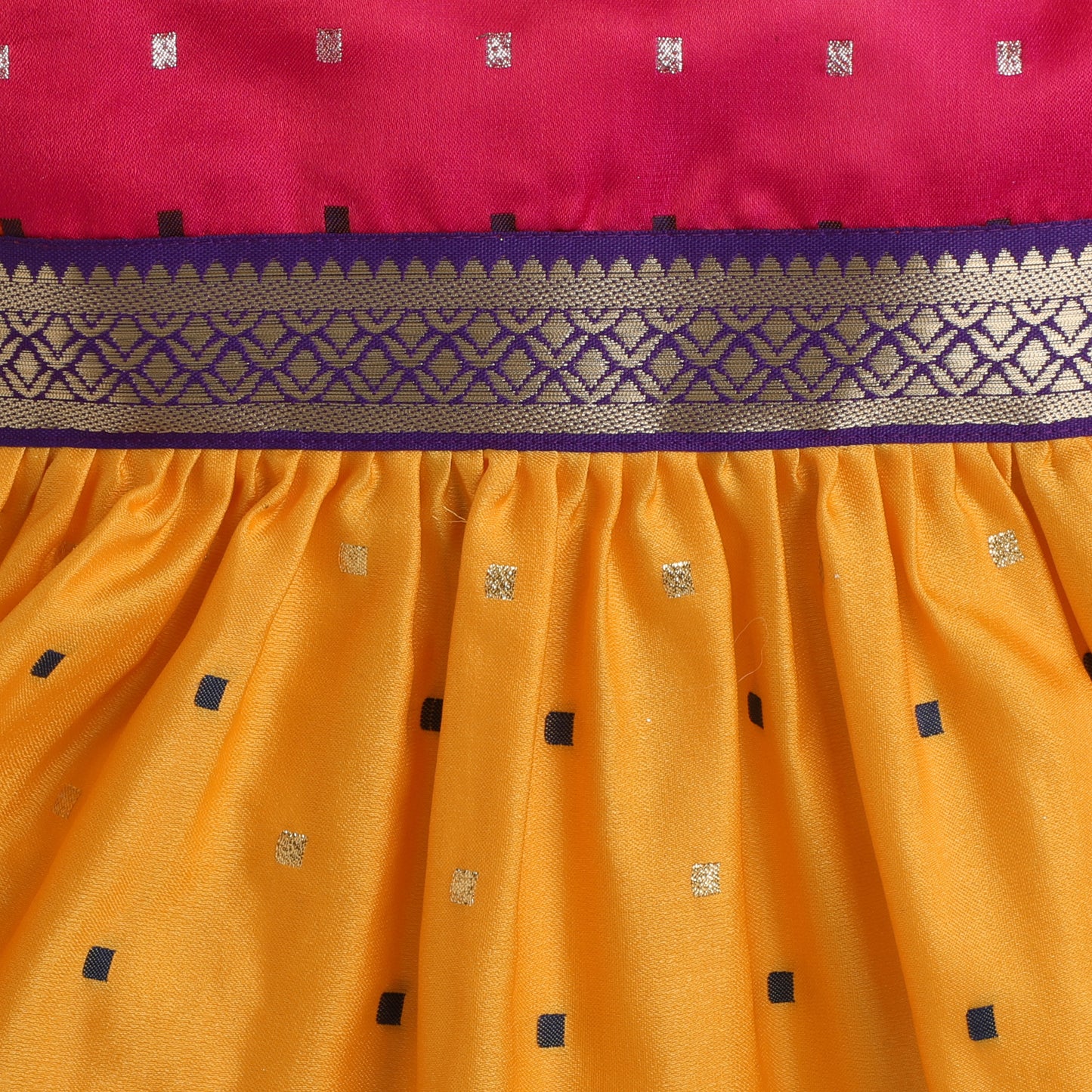 Many Frocks & Poly Silk Sleeveless Knee Length Colour Woven Boti Lace Embellished Baby Ethnic Frock - Pink & Yellow