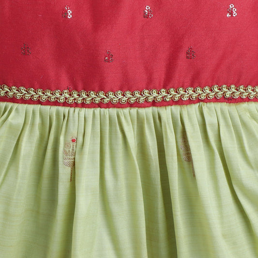 Many Frocks & Sleeveless Knee Length Lace Embellished Baby Ethnic Frock - Red & Green