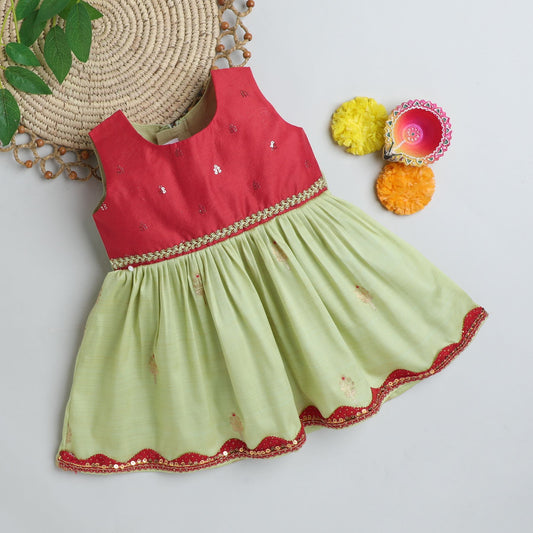 Many Frocks & Sleeveless Knee Length Lace Embellished Baby Ethnic Frock - Red & Green