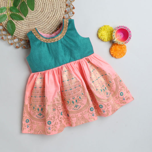 Many Frocks & Sleeveless Knee Length Lace Embellished Printed Ghether Baby Ethnic Frock - Green & Pink