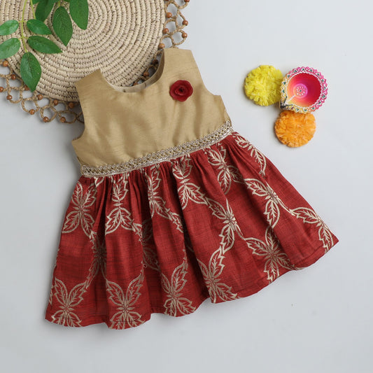 Many Frocks & Brocade Sleeveless Knee Length Lace Embellished Baby Ethnic Frock - Beige & Maroon