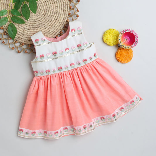 Many Frocks & Sleeveless Knee Length Lace Embellished Embroidered Body Baby Ethnic Frock - Off White & Pink