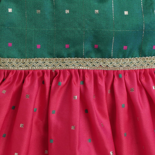 Many Frocks & Poly Silk Sleeveless Knee Length Coloured Boti Lace Embellished Baby Ethnic Frock - Green & Pink