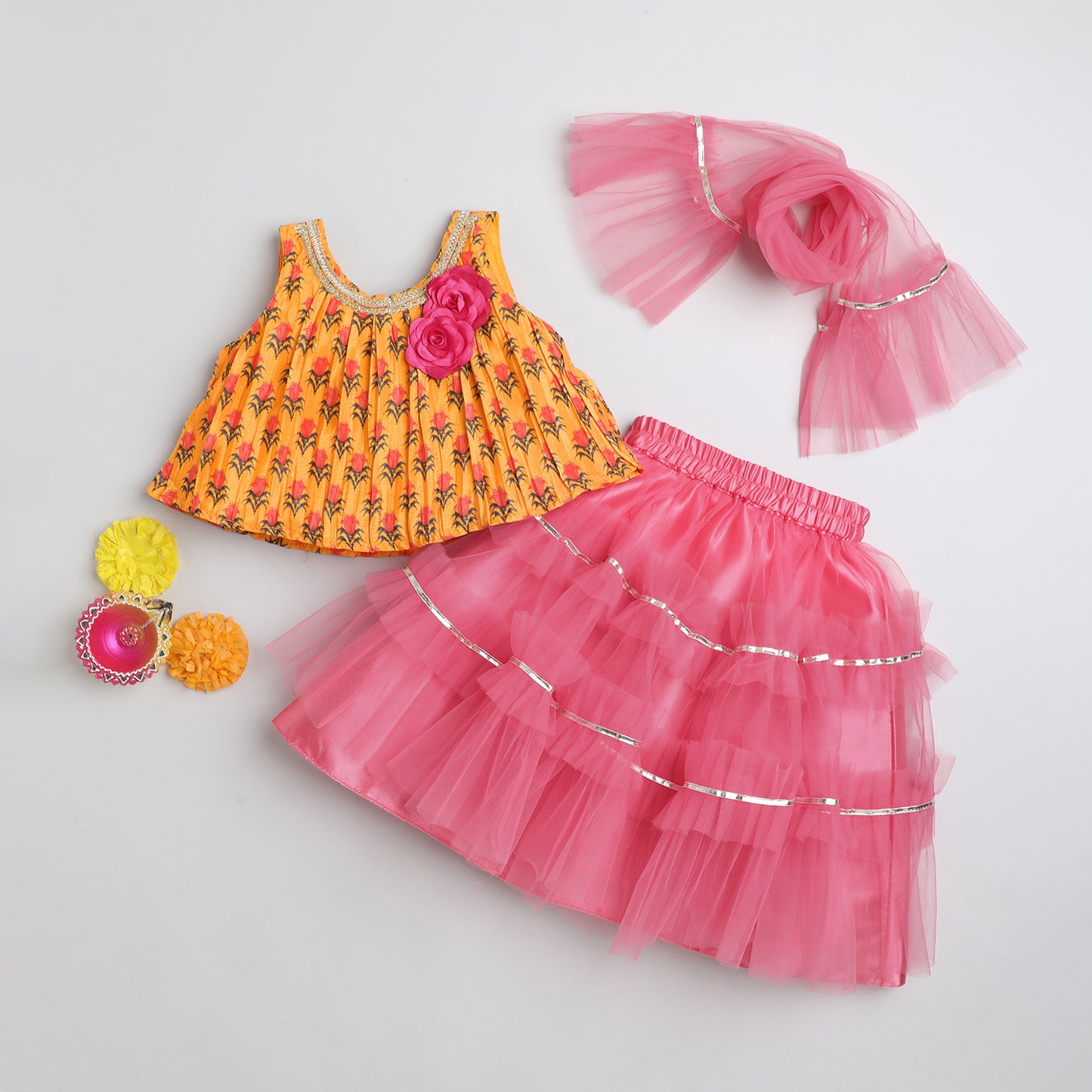 Many Frocks &  sleeveless pleated choli lengha dupatta set - Pink & Yellow