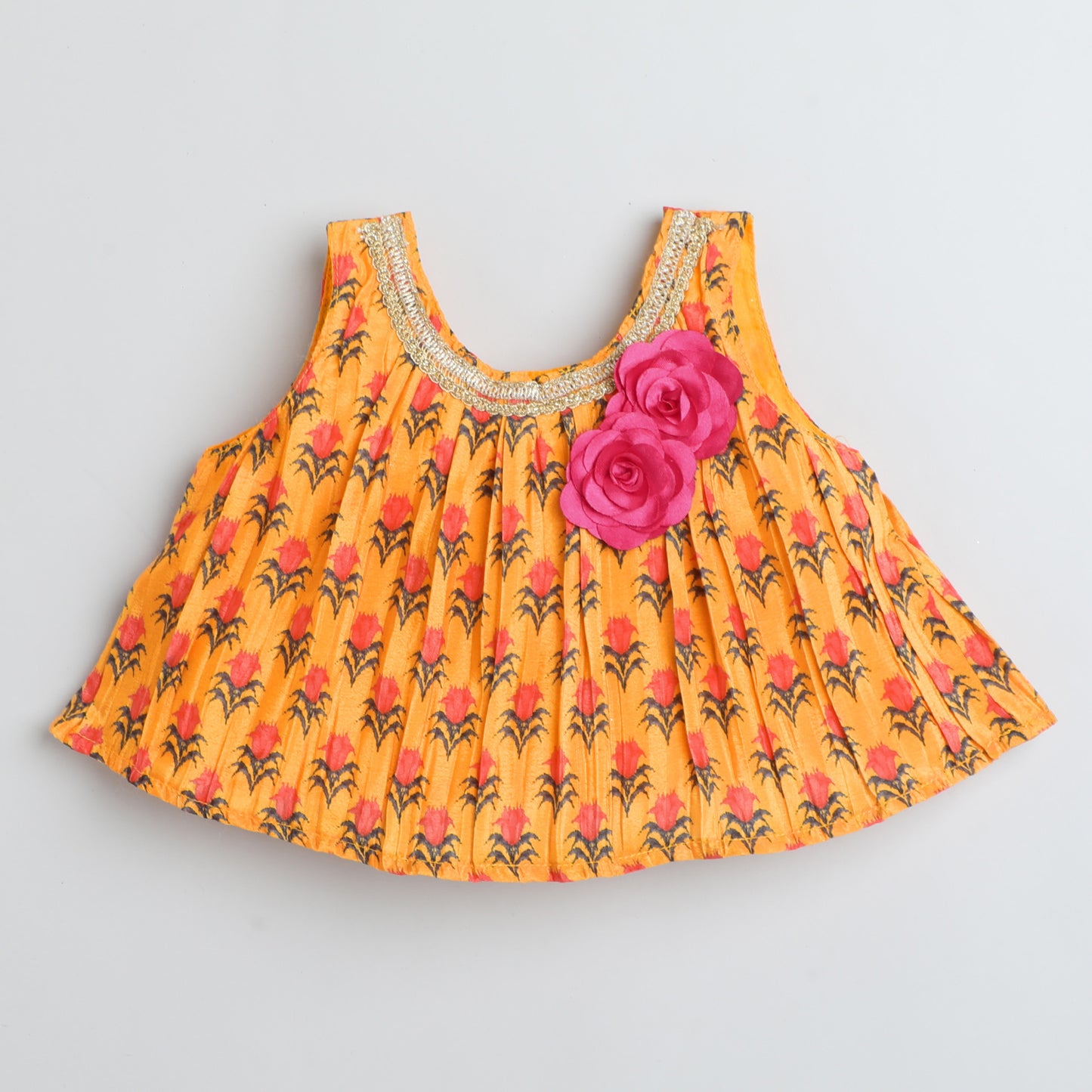 Many Frocks &  sleeveless pleated choli lengha dupatta set - Pink & Yellow