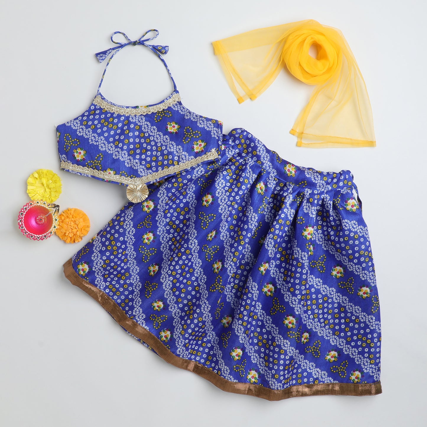 Many Frocks & bandhani sleeveless choli lengha dupatta set - Blue