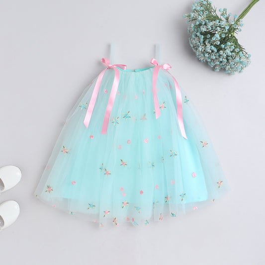 Many Frocks floral embroidered knee length girls party dress - Blue