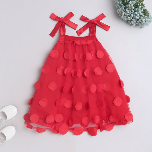 Many Frocks 3D ruffle embellished knee length girls party dress - Red