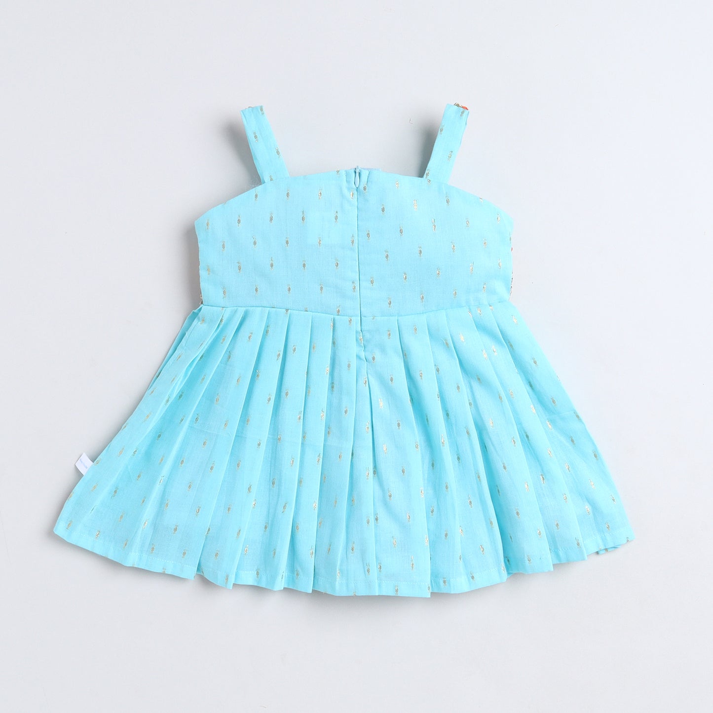 Many Frocks & Cotton Woven Boti Strappy Sleeveless Gota  Embellished  Knee Length Baby Ethnic Dress - Light Blue