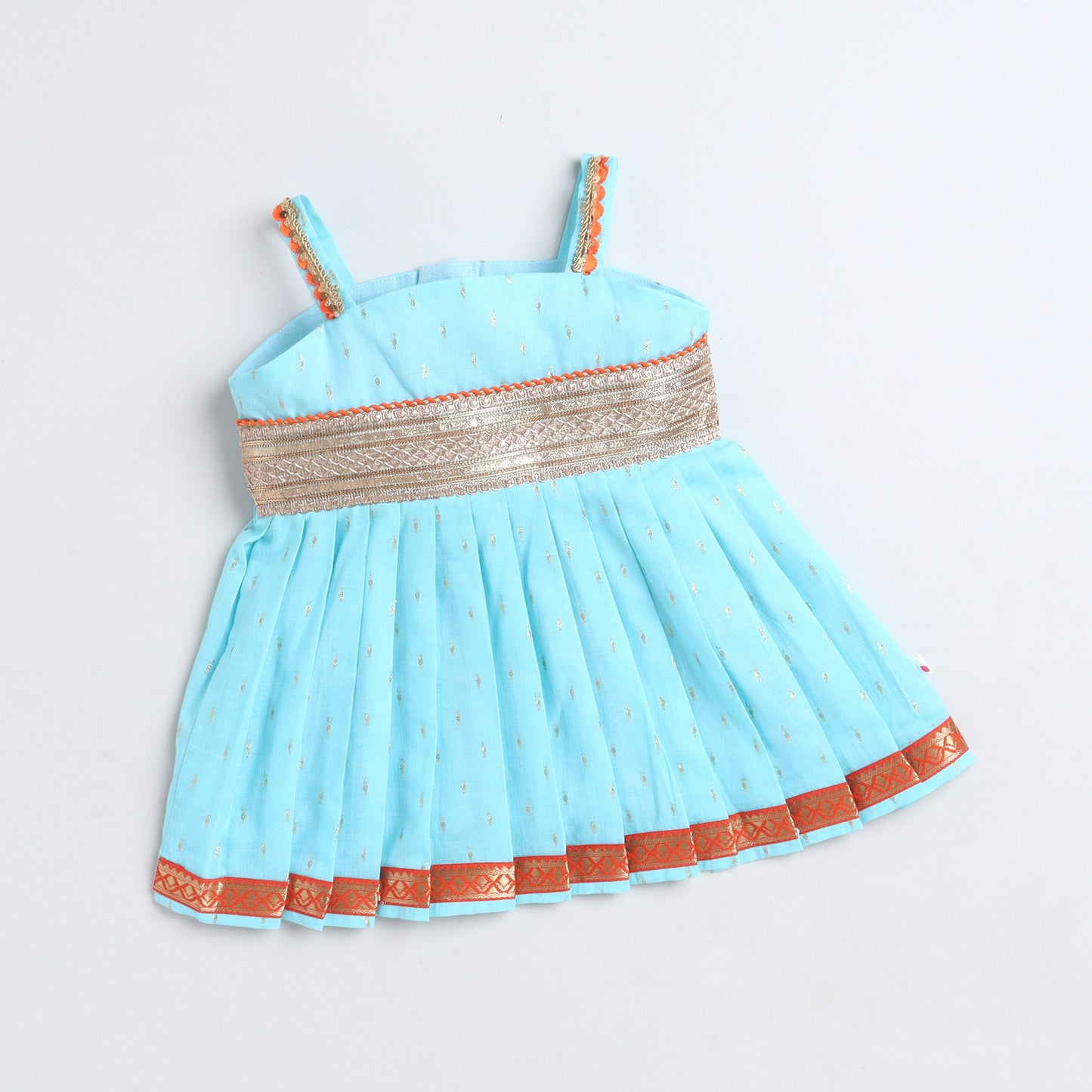 Many Frocks & Cotton Woven Boti Strappy Sleeveless Gota  Embellished  Knee Length Baby Ethnic Dress - Light Blue