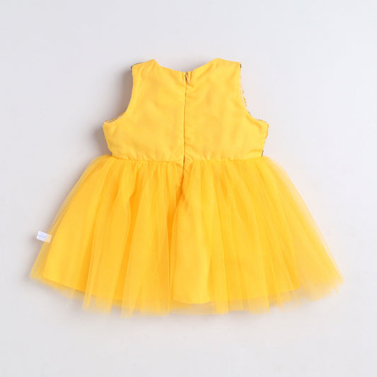 Many Frocks & Net Sleeveless Flower Embroided Body Knee Length Yoke Baby Ethnic Dress - Yellow