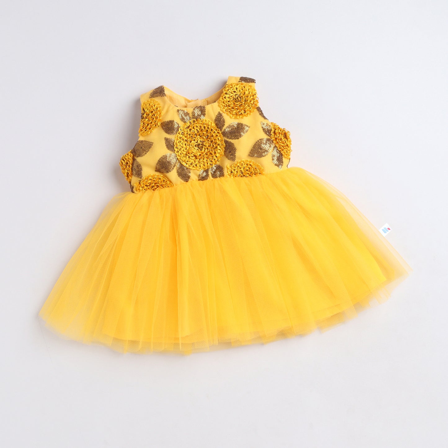 Many Frocks & Net Sleeveless Flower Embroided Body Knee Length Yoke Baby Ethnic Dress - Yellow