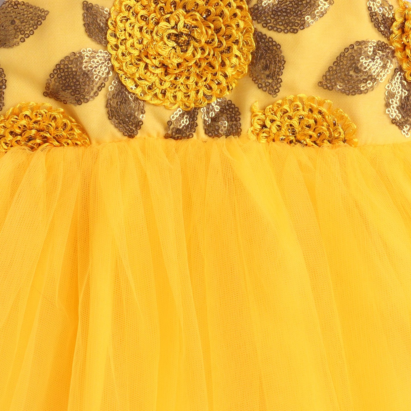 Many Frocks & Net Sleeveless Flower Embroided Body Knee Length Yoke Baby Ethnic Dress - Yellow