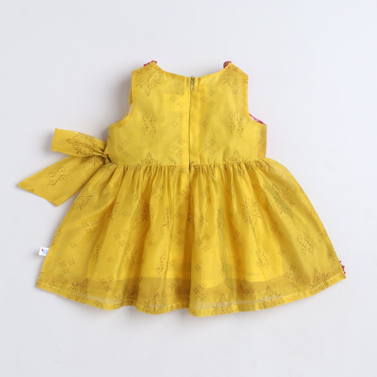 Many Frocks & Chanderi Sleeveless lace embellished overlapping Printed Lace Work Koti Knee Length Baby Ethnic Dress -Yellow & Pink