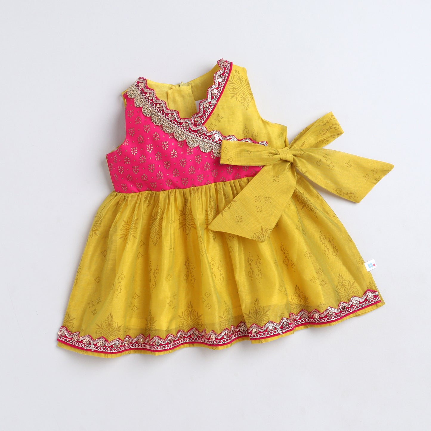 Many Frocks & Chanderi Sleeveless lace embellished overlapping Printed Lace Work Koti Knee Length Baby Ethnic Dress -Yellow & Pink