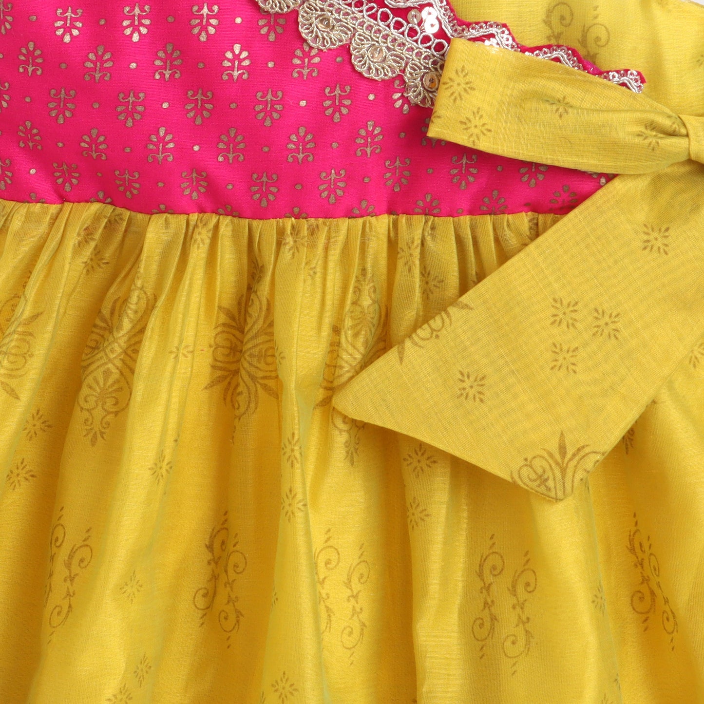 Many Frocks & Chanderi Sleeveless lace embellished overlapping Printed Lace Work Koti Knee Length Baby Ethnic Dress -Yellow & Pink