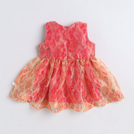 Many Frocks & Tissue  Sleeveless  Lace Embellished ikat Print  Body Knee Length  Baby Ethnic Dress - Yellow