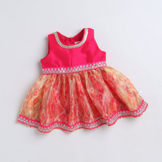 Many Frocks & Tissue  Sleeveless  Lace Embellished ikat Print  Body Knee Length  Baby Ethnic Dress - Yellow