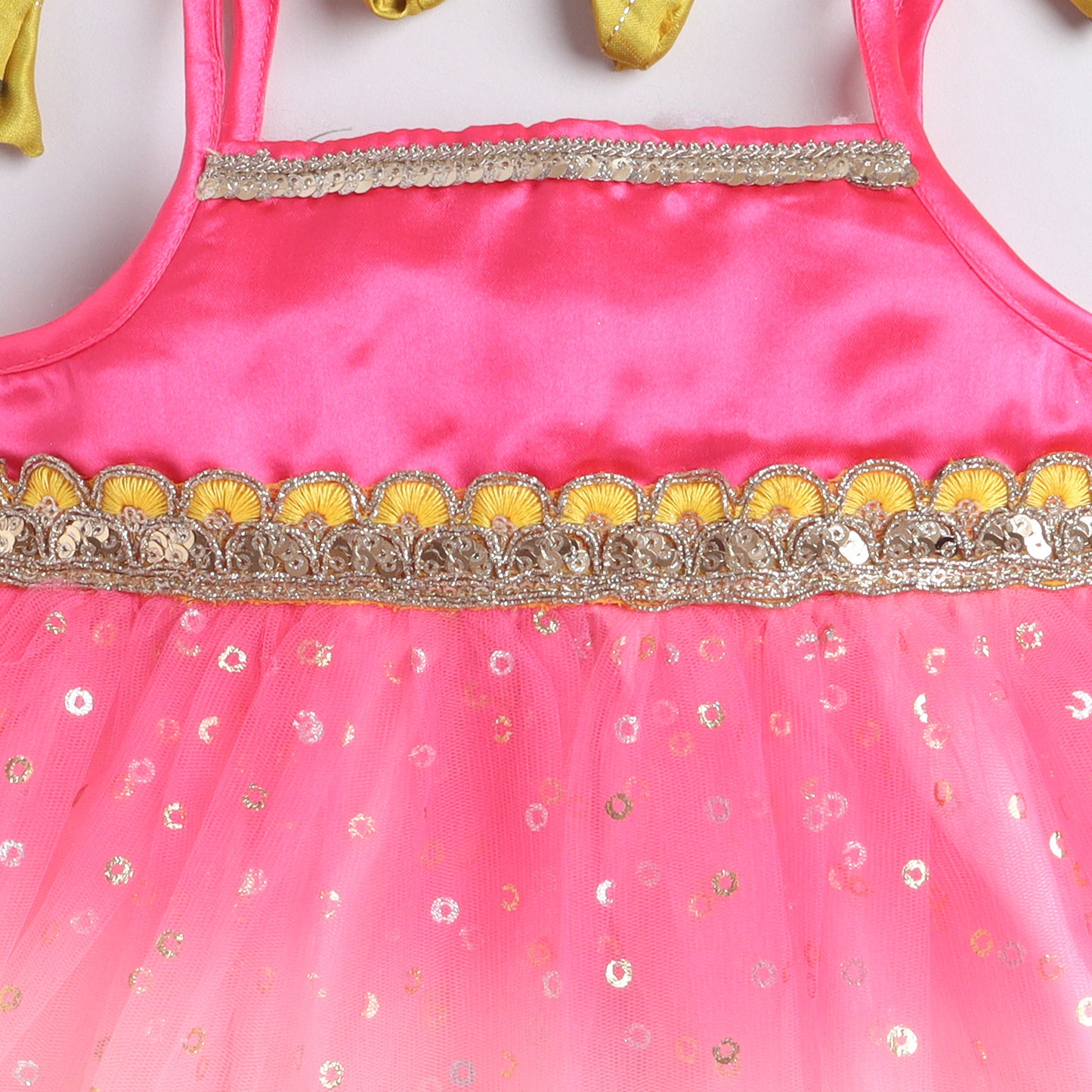 Many Frocks & Fancy Net Sleeveless Lace Embellished Knee Length Yoke Baby Jhabla Ethnic Dress - Multi Colour