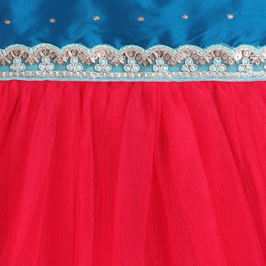 Many Frocks & Net Sleeveless Lace Embellished Knee Length Yoke Baby Jhabla Ethnic Dress - Pink & Blue