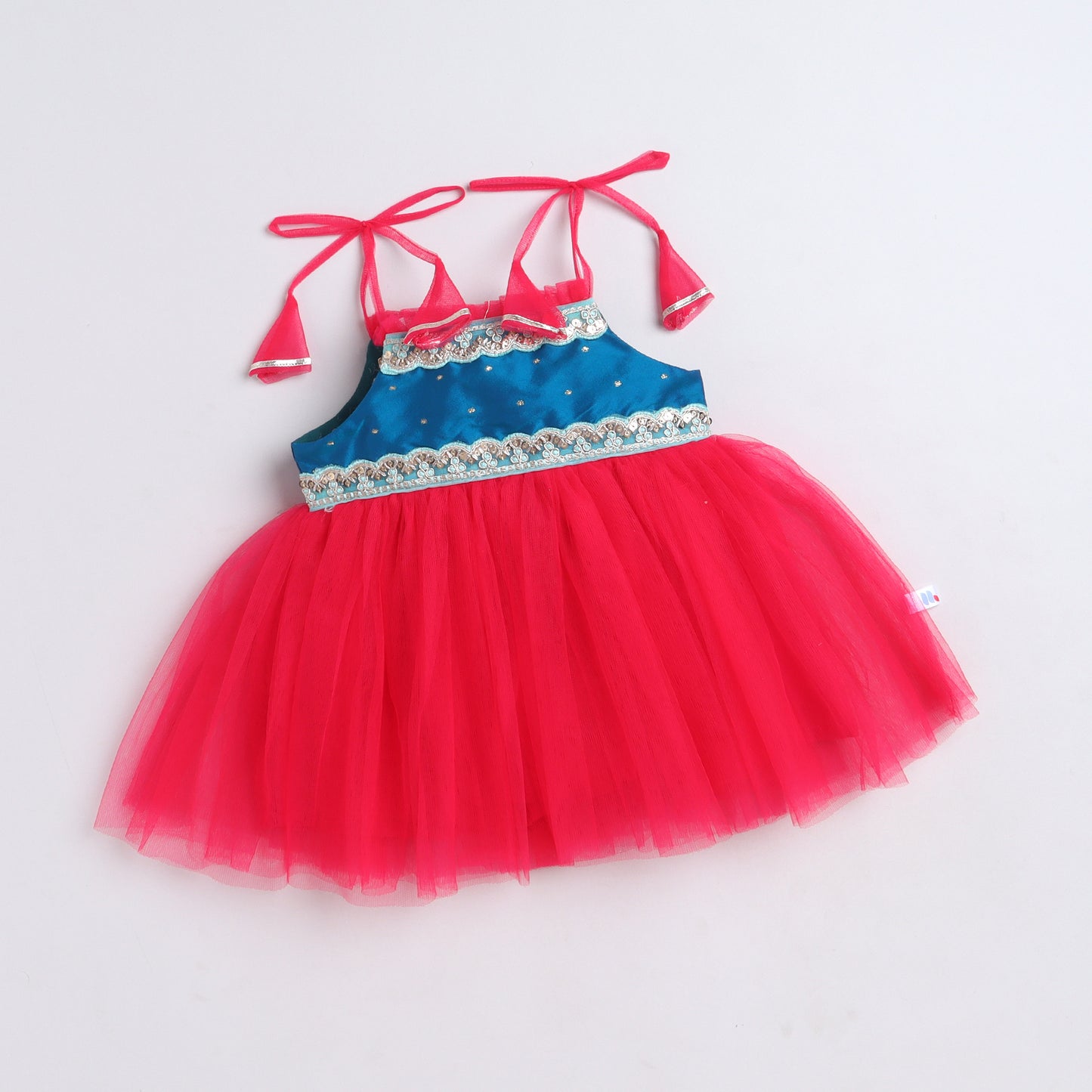 Many Frocks & Net Sleeveless Lace Embellished Knee Length Yoke Baby Jhabla Ethnic Dress - Pink & Blue