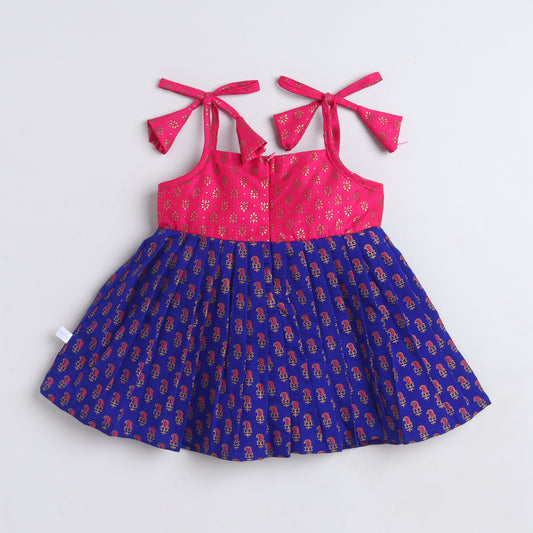 Many Frocks & Chanderi Sleeveless Printed Lace Embellished Knee Length Flared Baby Jhabla Ethnic Dress -  Blue & Pink