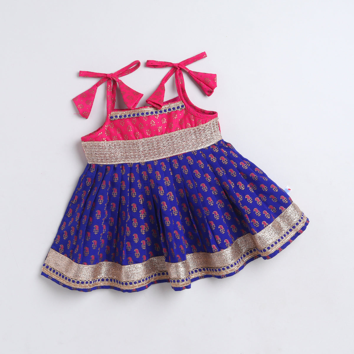 Many Frocks & Chanderi Sleeveless Printed Lace Embellished Knee Length Flared Baby Jhabla Ethnic Dress -  Blue & Pink